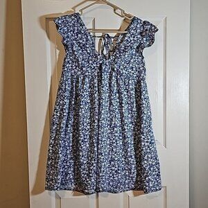 Shein blue and white floral dress ruffle sleeve tie back size xs
